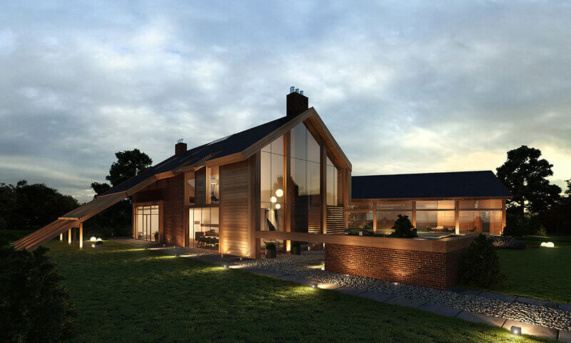 Modern cottage at dusk with open lights